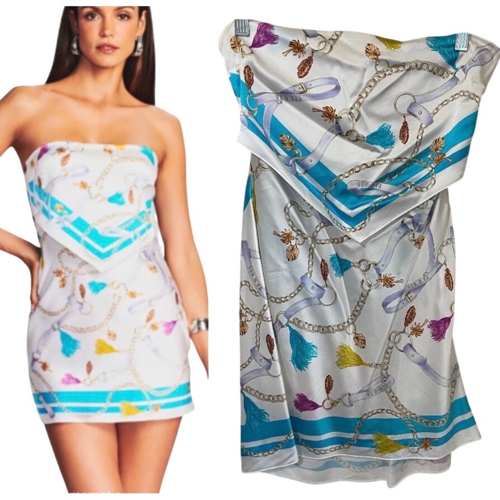 SER.O.YA Wonda Silk Strapless Scarf Dress Size M Chain Belt Tassel Scarf Print